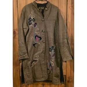Mirasol Long Jacket Womans Olive Green Small Silk Embroidered Quilted Side Slits